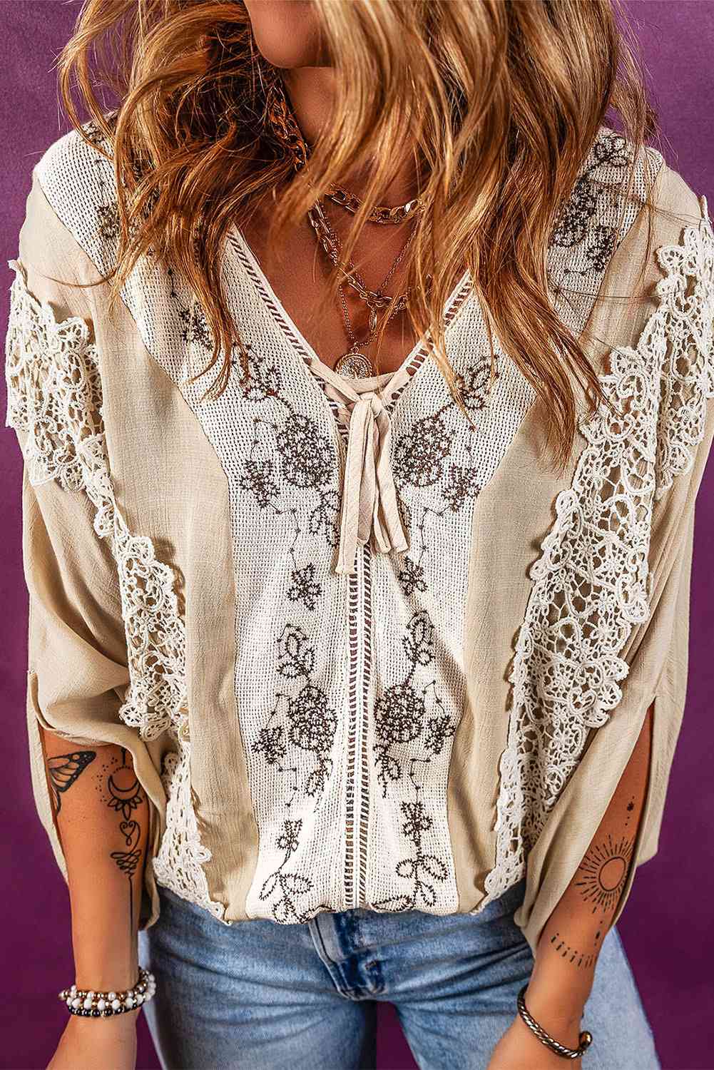 You Don't Know BOHO Lace Detail Slit Blouse