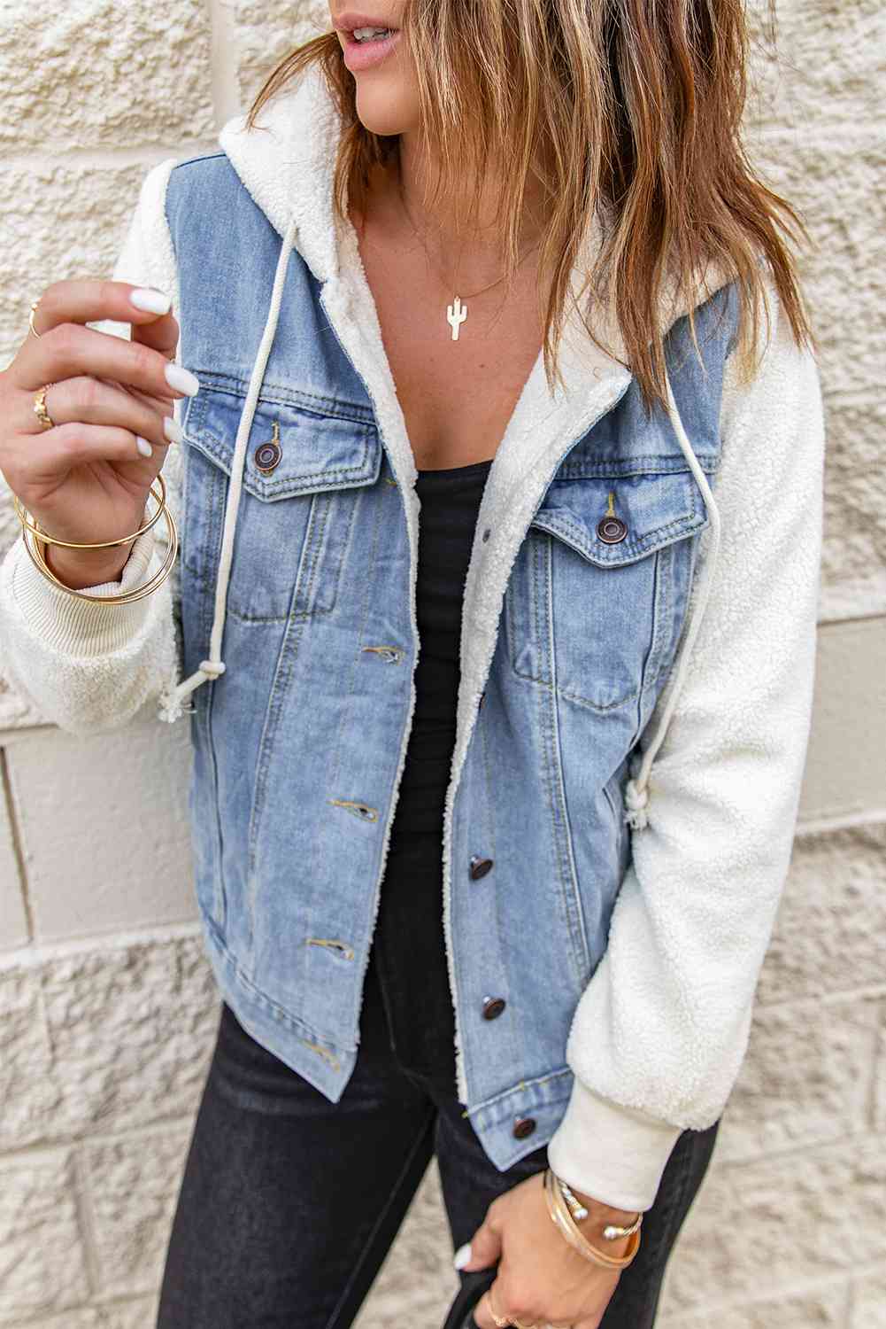 Two-Tone Sherpa Hooded Denim Jacket
