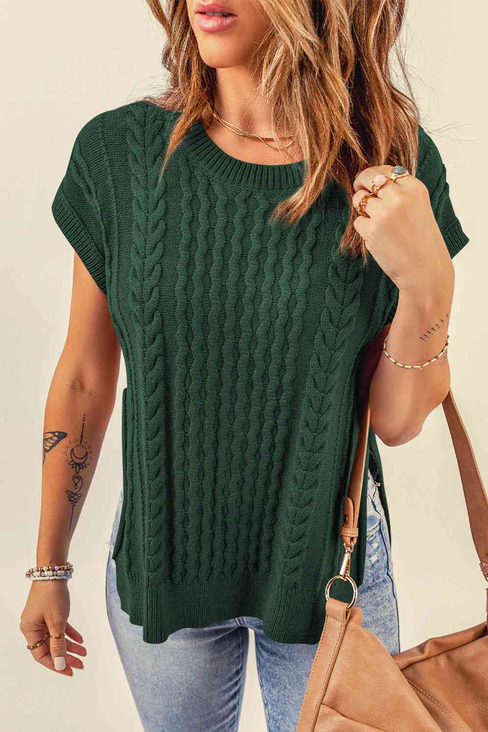 Cable-Knit Side Slit Sleeveless Sweater
