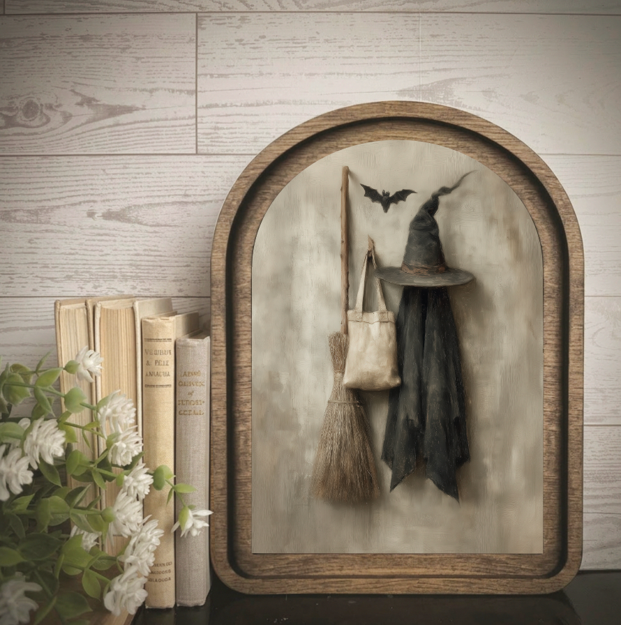 Maci Loo Makings - Arch Frame Witch Hat Broom Halloween | Wood & Canvas
