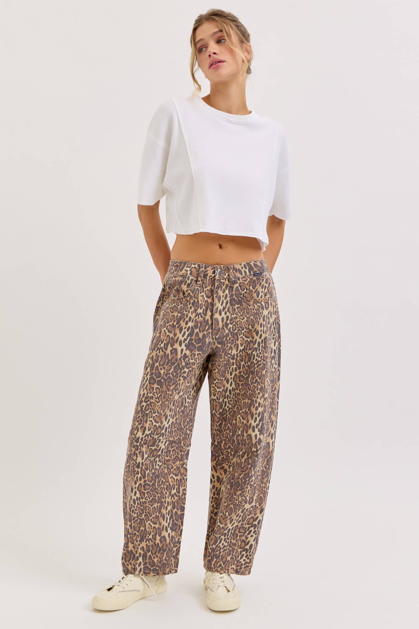 Everyday Leopard Barrel Jean front view with relaxed barrel-leg fit