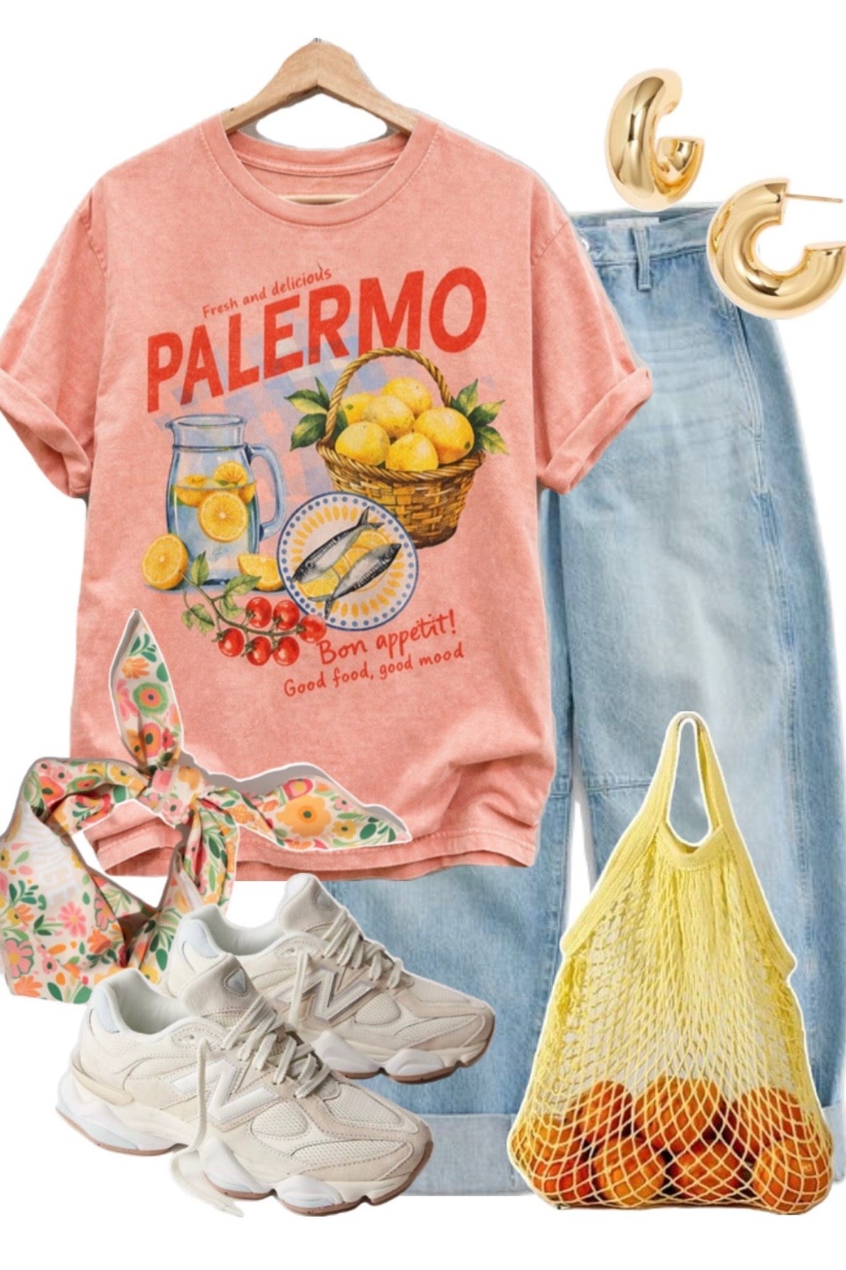 A styled outfit flat lay featuring a pink graphic t-shirt with 'PALERMO' and lemon illustrations, paired with light blue jeans, white sneakers, a floral headband, and a yellow mesh bag of oranges. Gold hoop earrings are also shown against a plain white background.