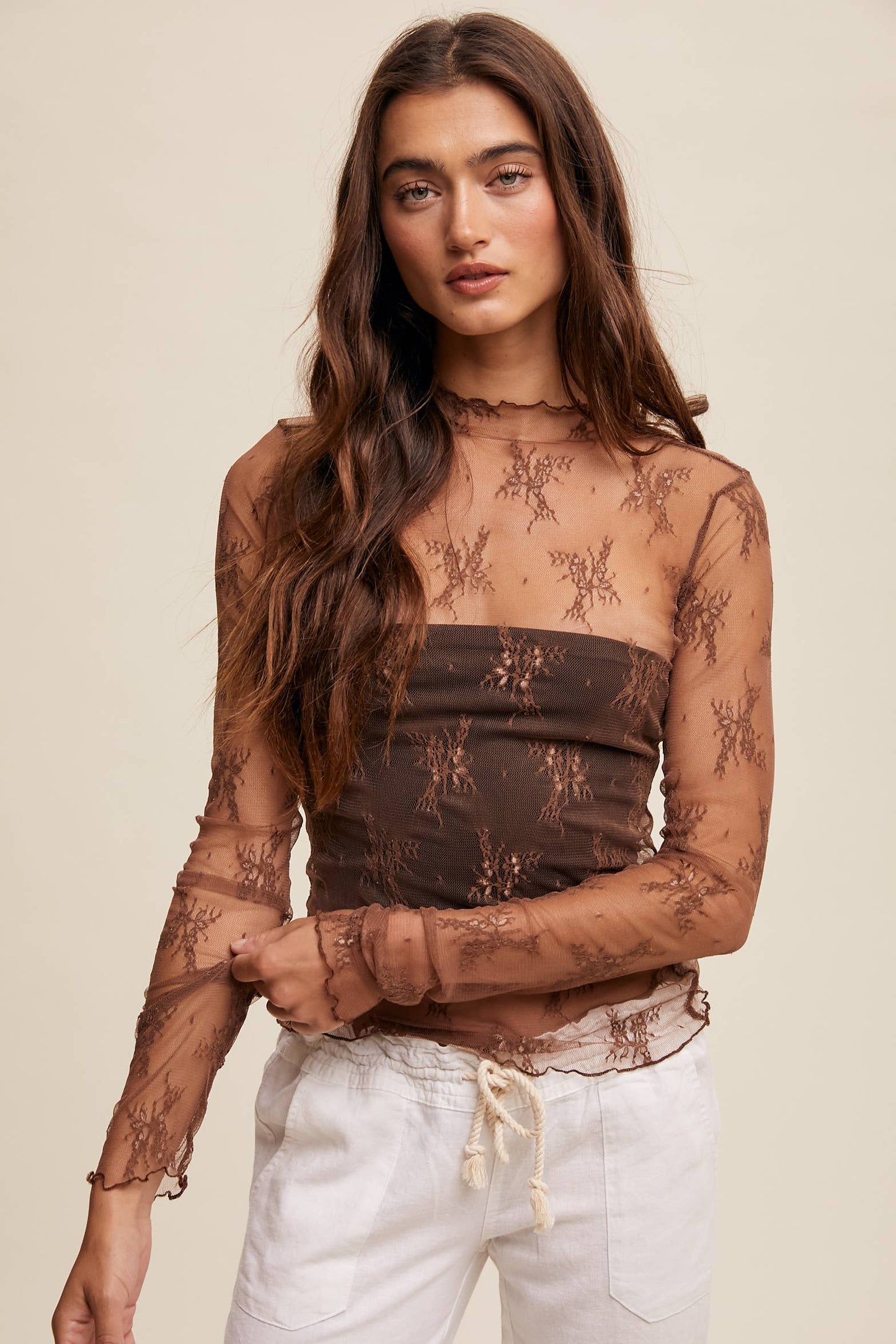 Listicle - Sheer Lace Long-Sleeve Top