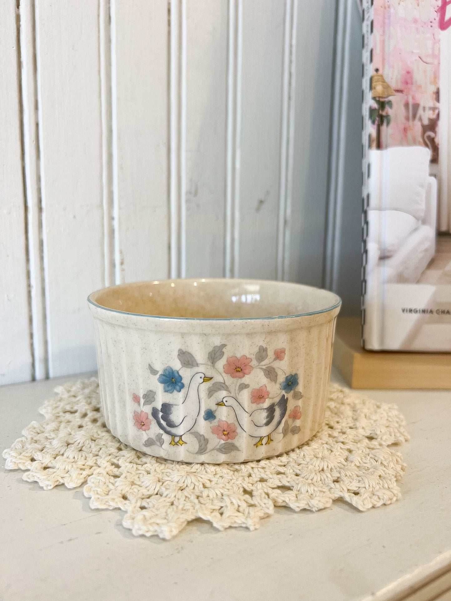 Vintage goose ceramic crock bowl with pastel floral design 4 inch cottagecore kitchen decor styled for FOUND & Co.