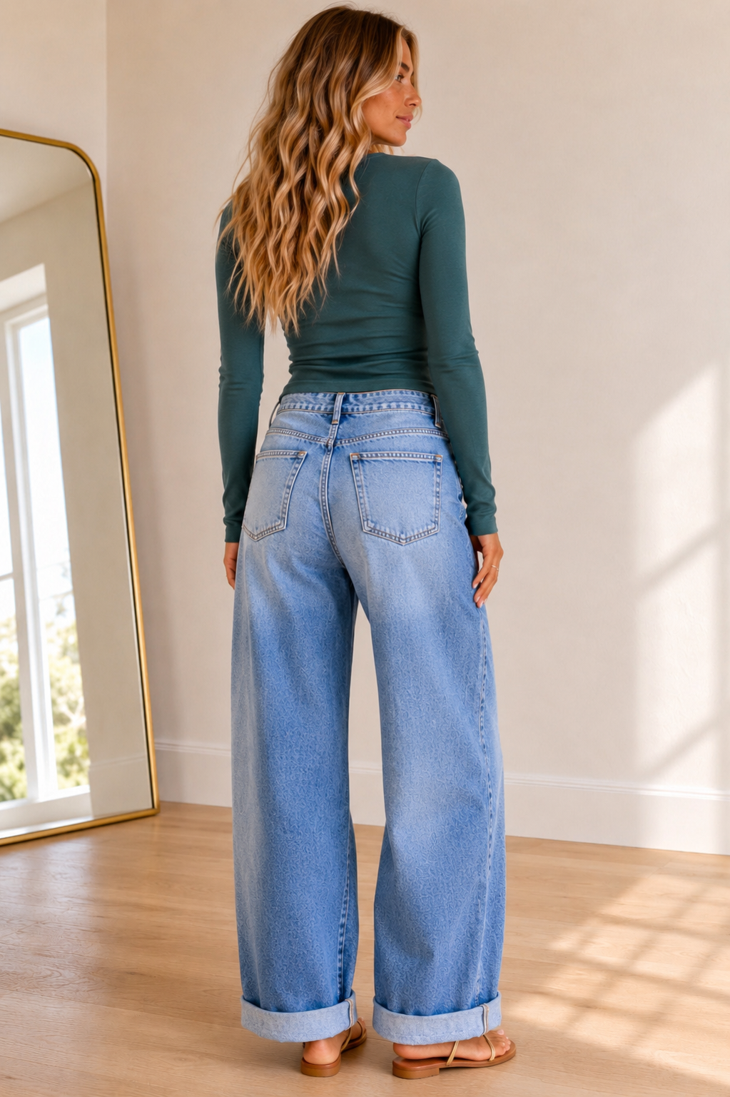 A woman shown from behind wearing a dark teal long-sleeve top and light blue wide-leg cuffed jeans in a brightly lit room with a wooden floor and a gold-framed mirror.