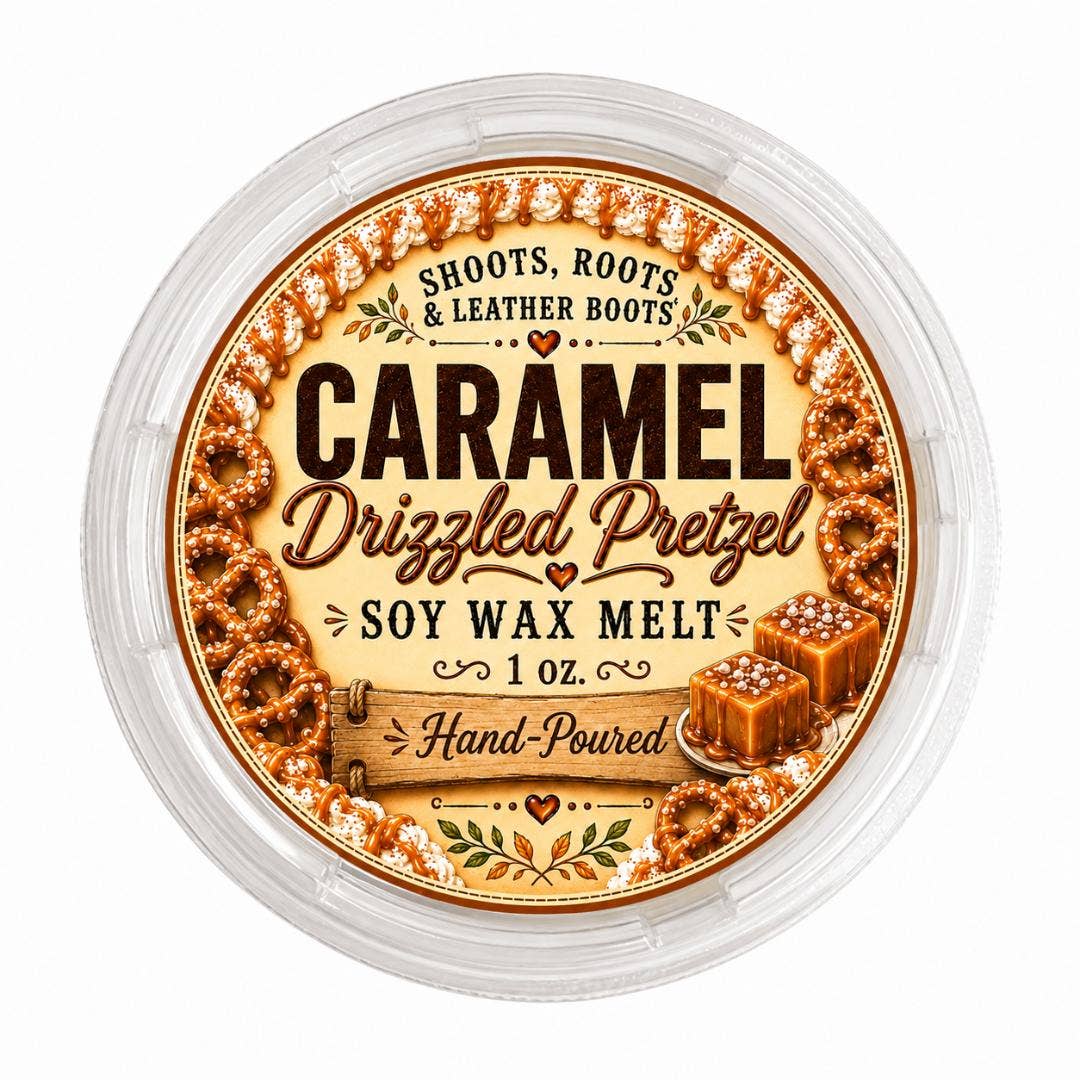 A round plastic tub of Caramel Drizzled Pretzel soy wax melt, featuring a detailed circular label with illustrations of pretzels and caramel candies on a white background.