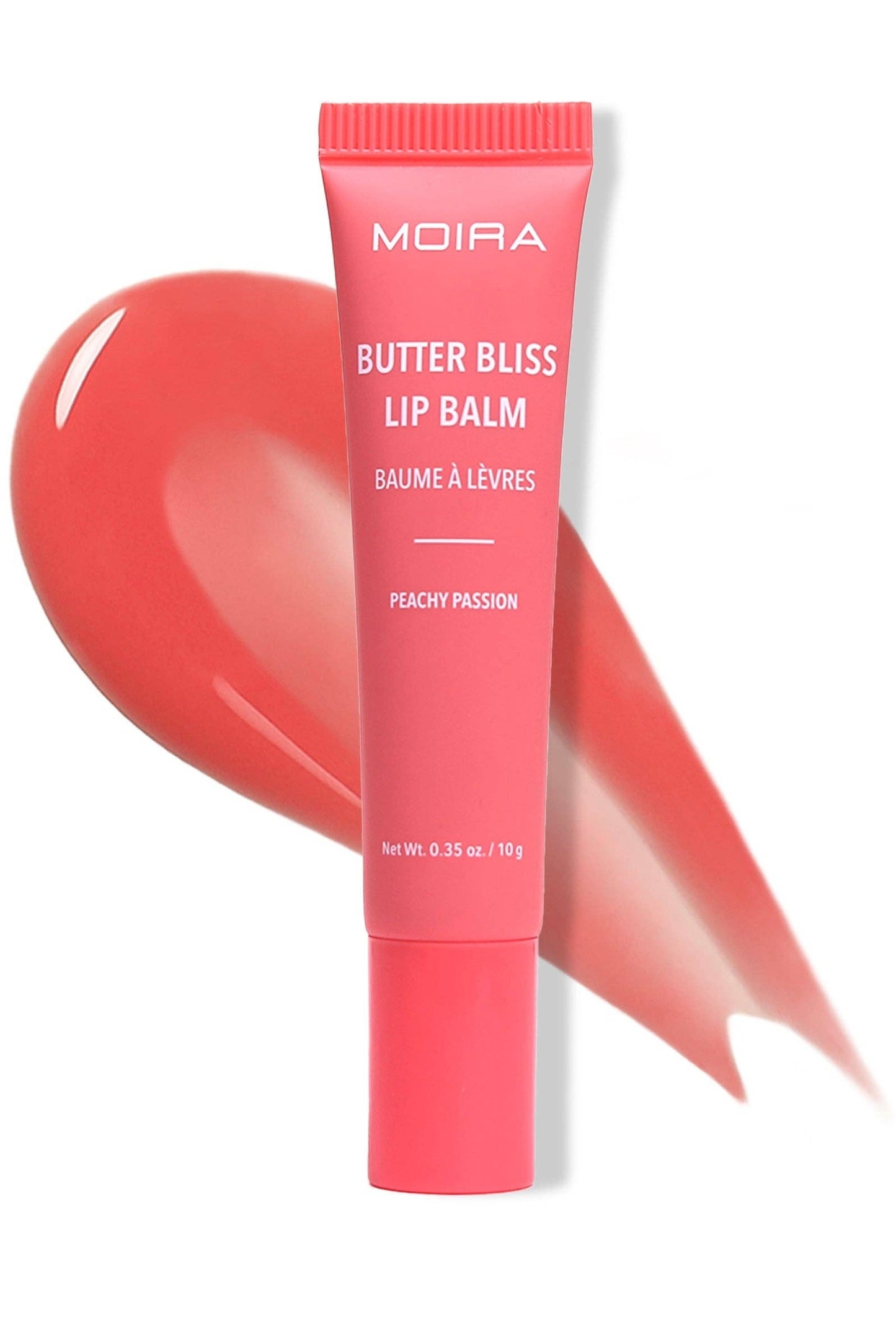 MOIRA Butter Bliss Lip Balm in Peachy Passion with glossy peach coral finish and hydrating vegan formula.
