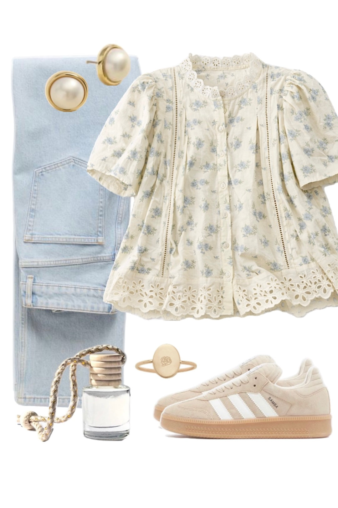 Bluebell Eyelet Blouse styled with light wash denim and neutral sneakers