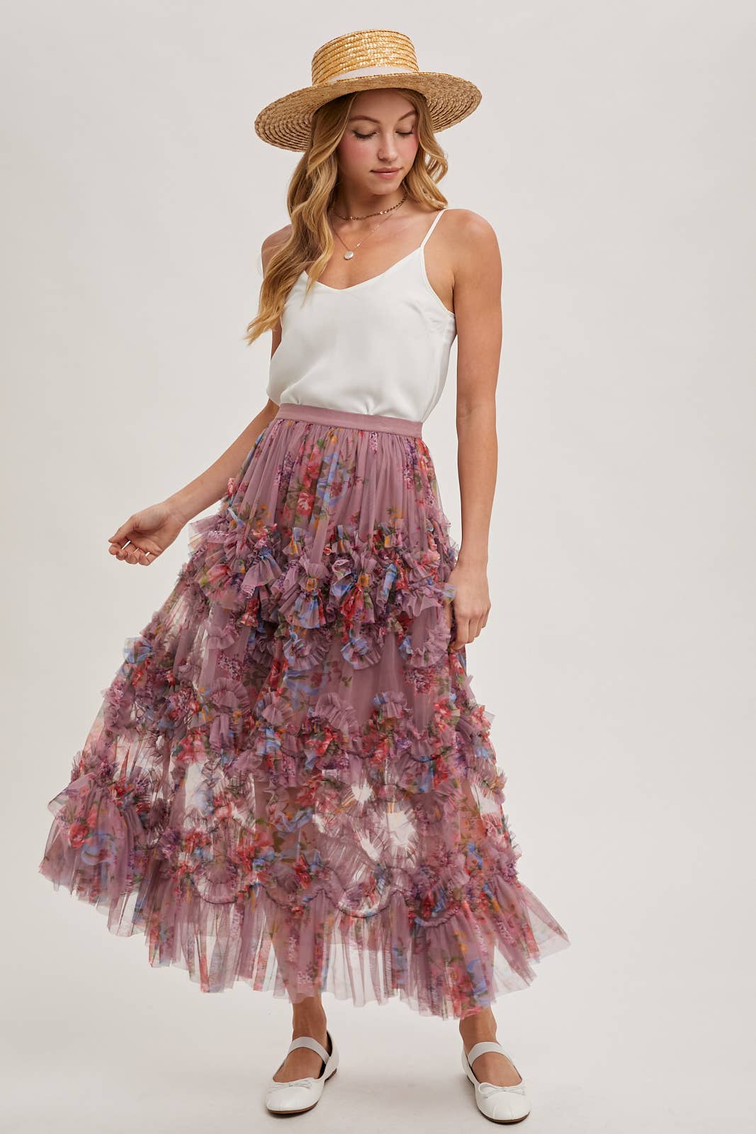 Bluivy - FLORAL RUFFLED MESH MIDI SKIRT