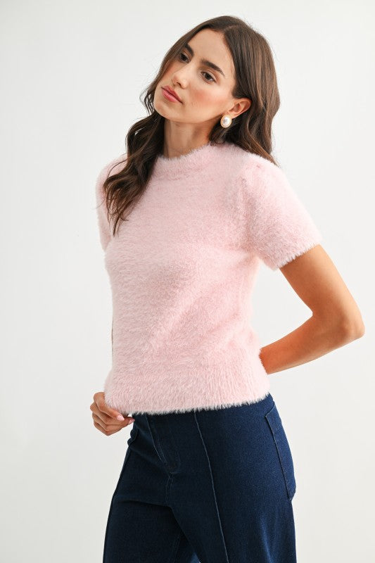 Blush pink fuzzy knit tee side view