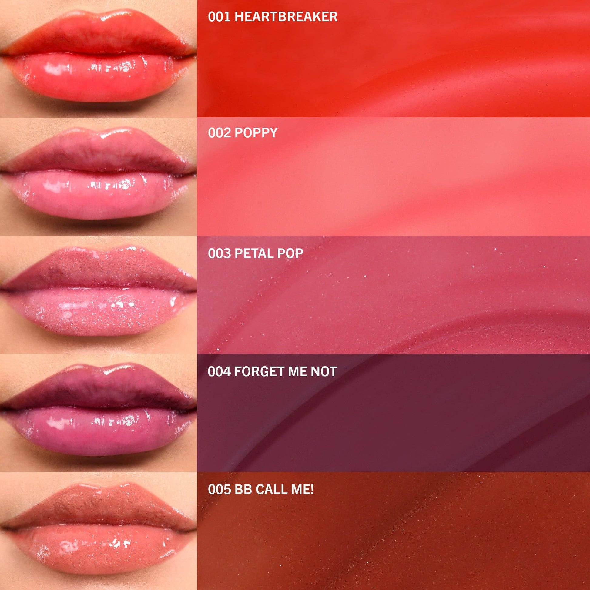 Lip color swatches with corresponding names on a red background