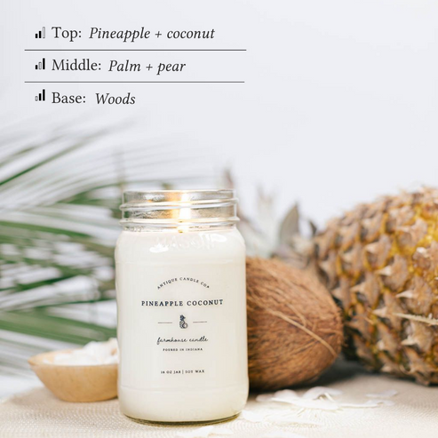 Pineapple Coconut 16 oz soy candle styled with fresh coconut and pineapple highlighting tropical fragrance notes.
