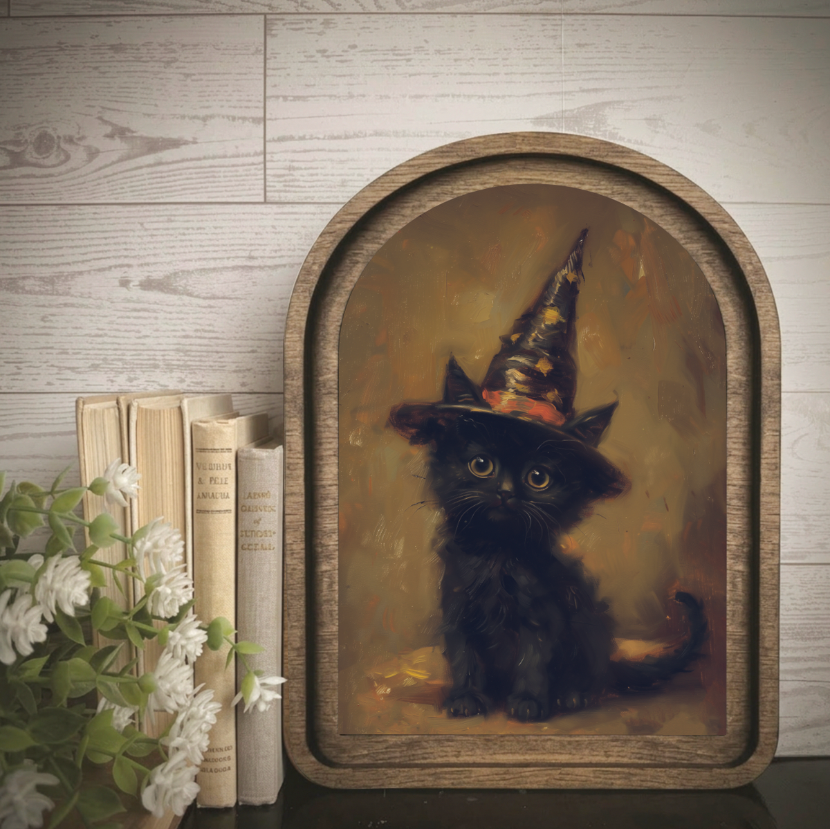 Maci Loo Makings - Arch Frame Kitten Witch Hat Halloween | Wood & Canvas