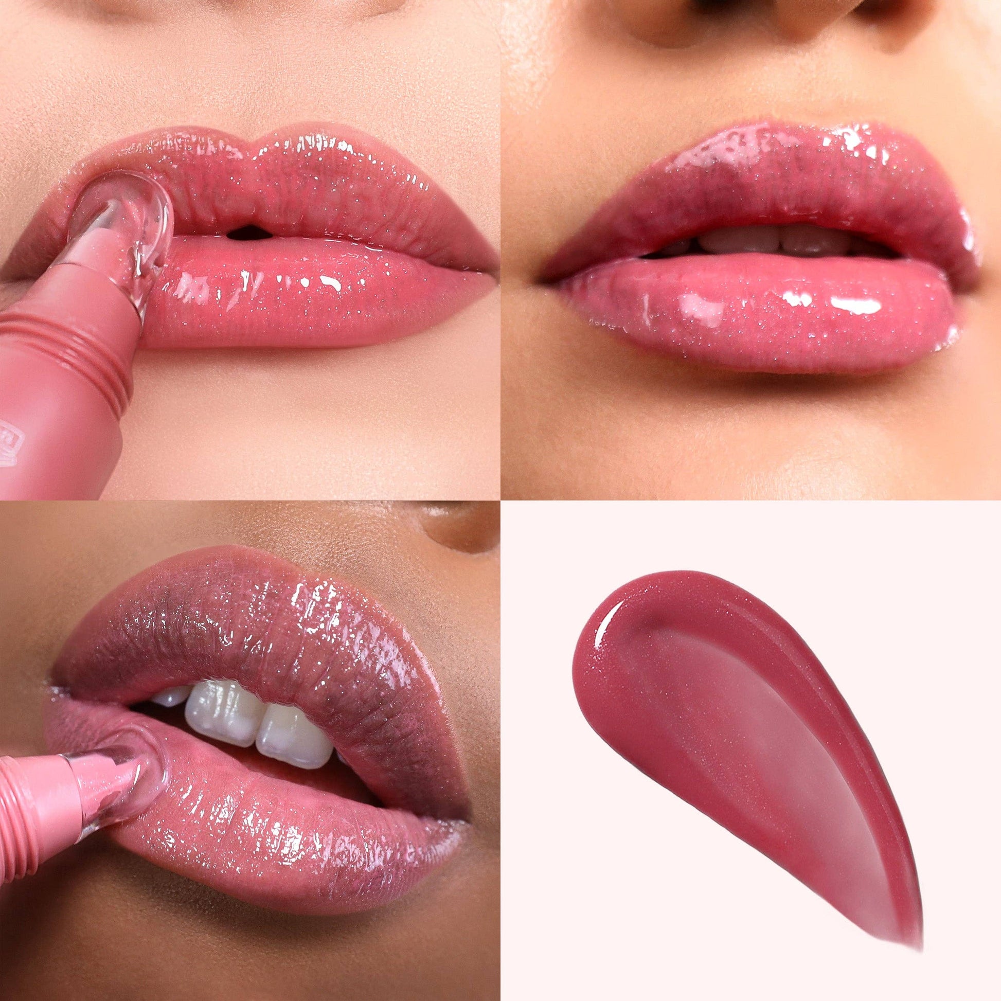 Close-up of a glossy pink lipstick on lips with a swatch on a white background.