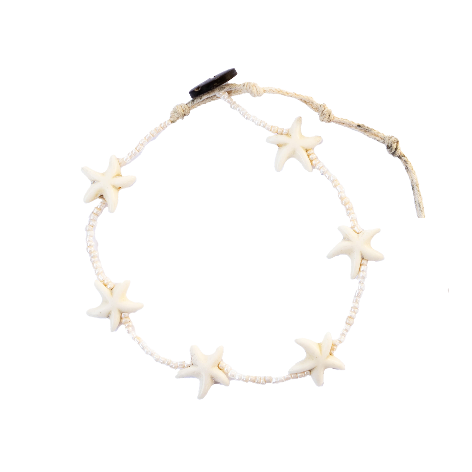 Handcrafted anklet featuring cream seed beads, seastar charms, and an adjustable cord closure inspired by coastal summer style.