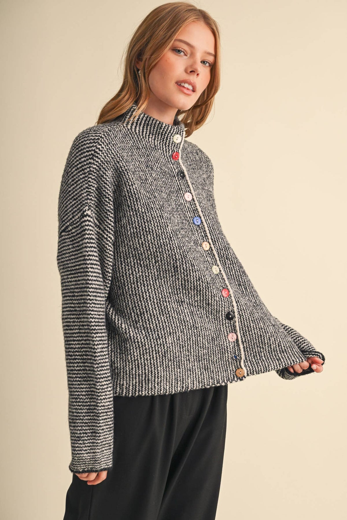 &MERCI - STRIPED SWEATER CARDIGAN WITH COLORFUL BUTTONS MSW11250
