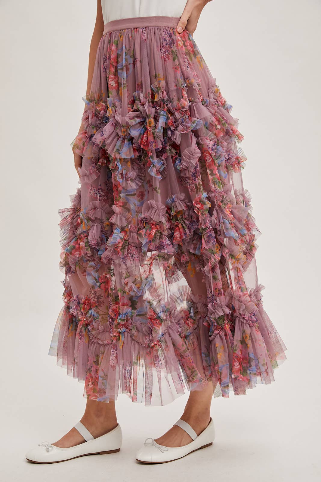 Bluivy - FLORAL RUFFLED MESH MIDI SKIRT