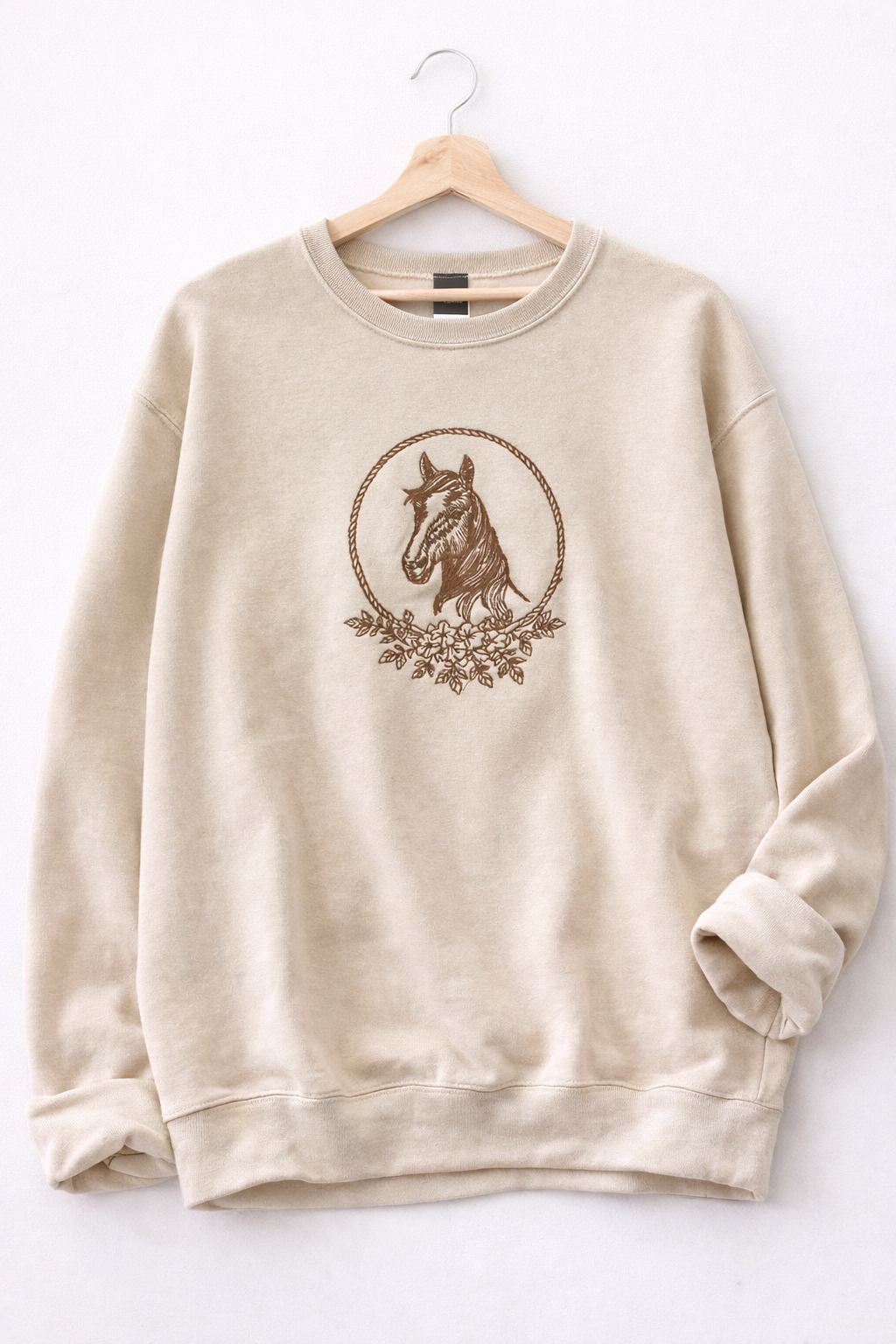 Oatmeal crewneck sweatshirt with vintage horse graphic front view