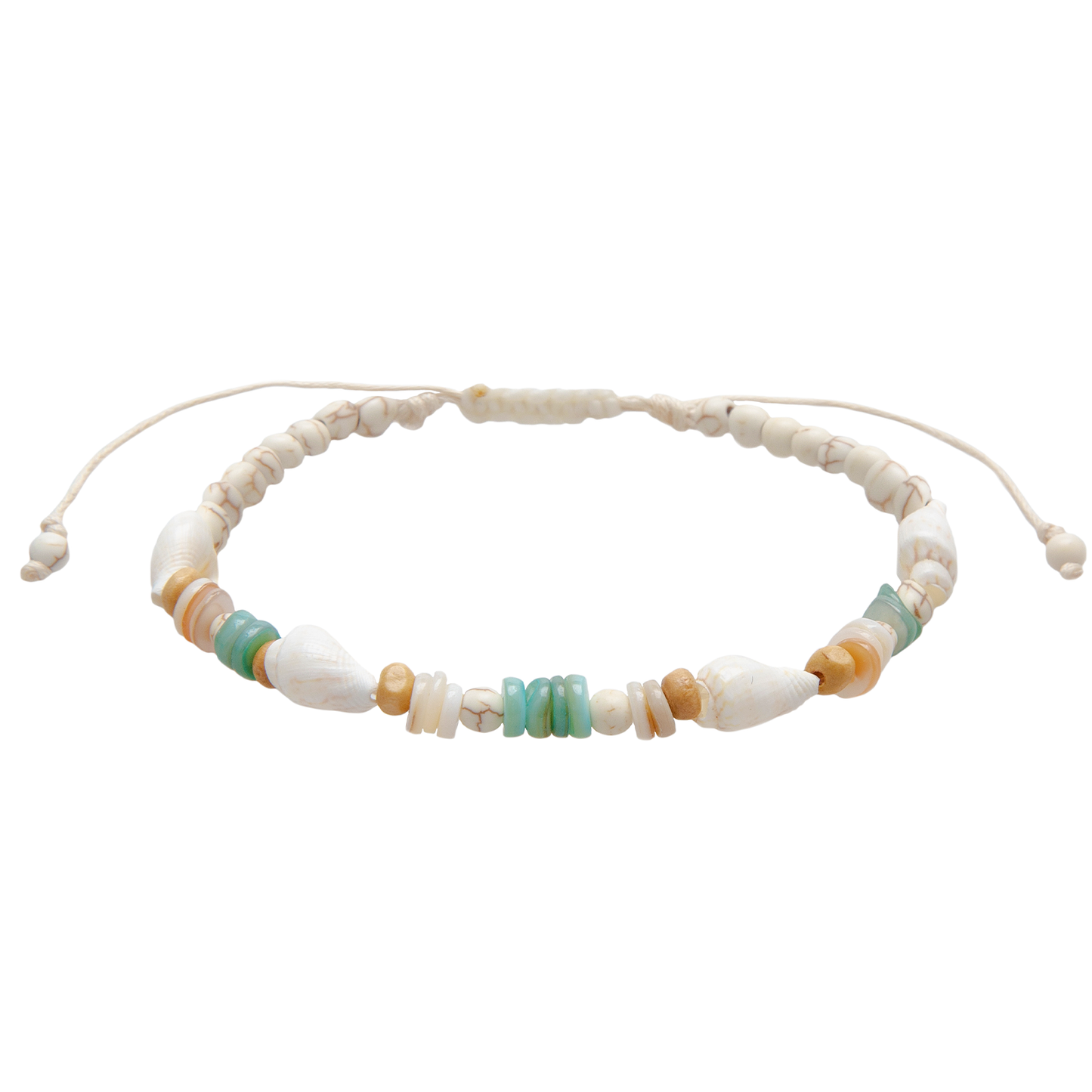 Handcrafted shell anklet featuring genuine seashell accents and an adjustable pull-through cord closure, inspired by coastal beachcomber style.