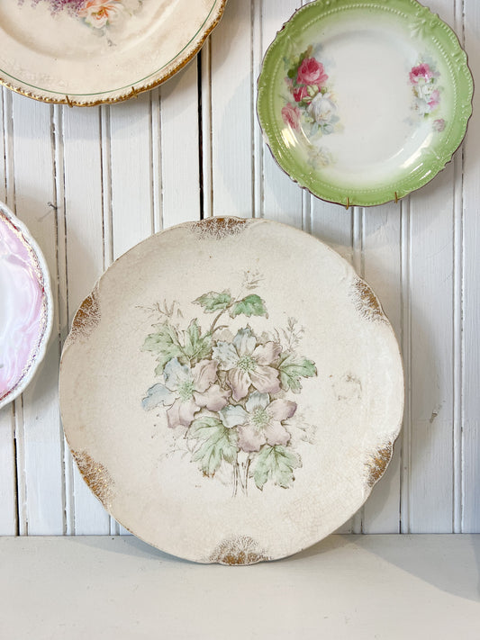 Vintage 10 inch floral decorative plate with scalloped edge and crackle glaze styled for FOUND & Co.