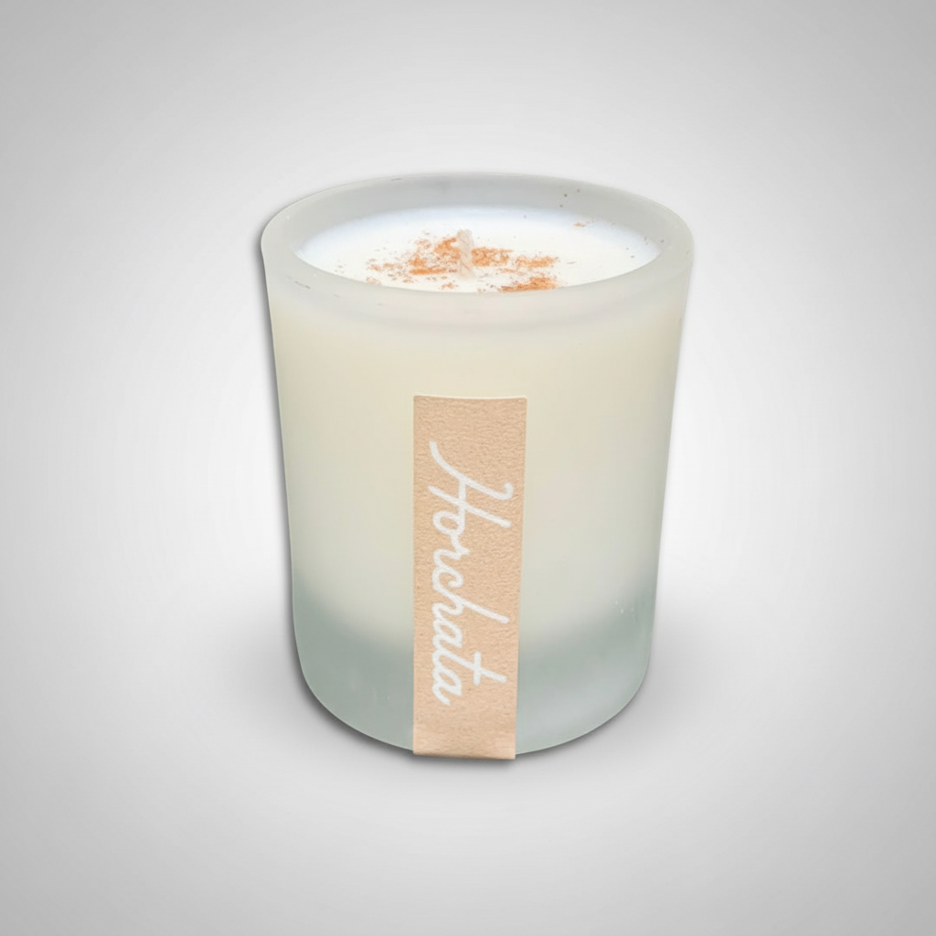 SIN-MIN Horchata sweet cinnamon and vanilla soy coconut wax candle in frosted glass jar