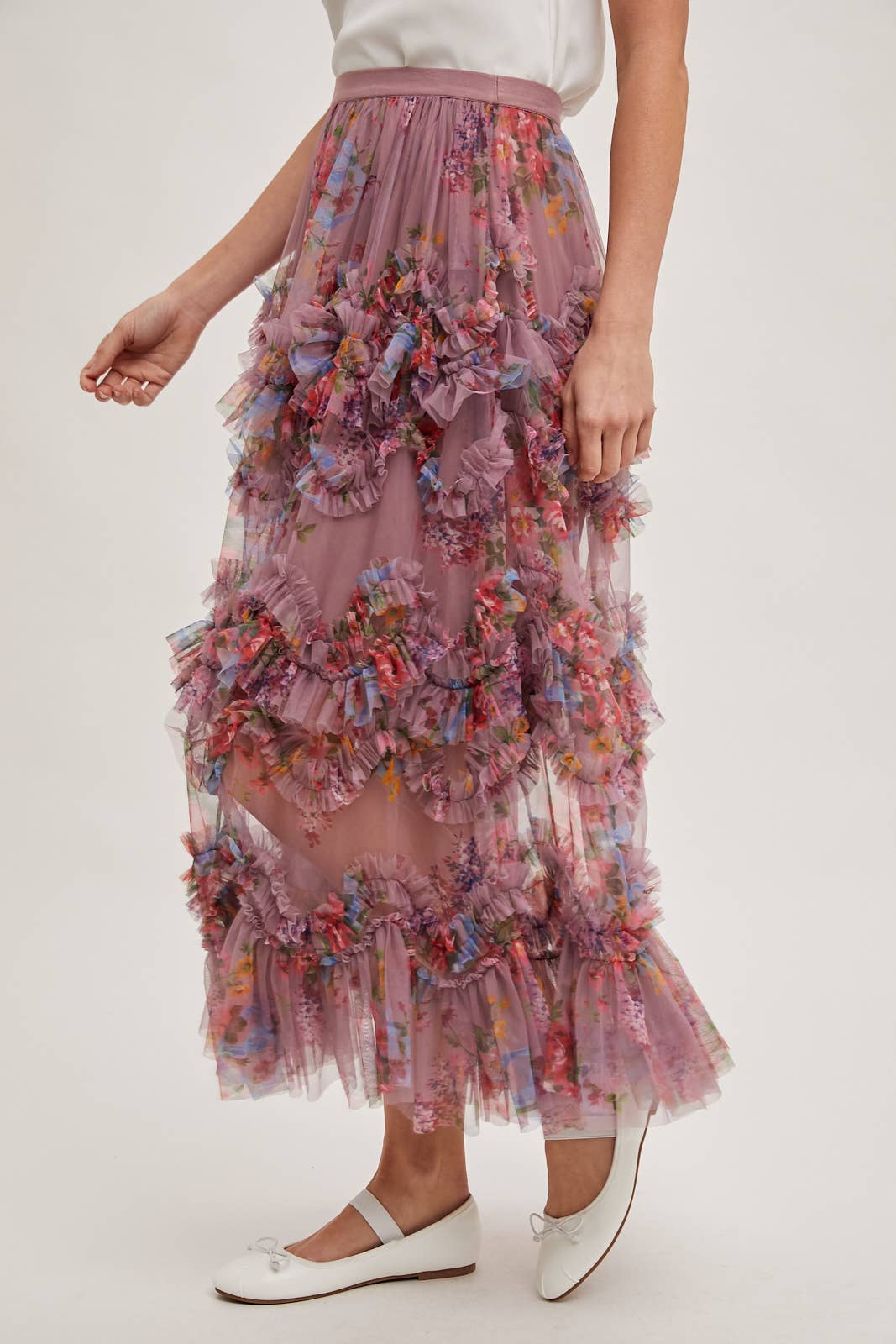 Bluivy - FLORAL RUFFLED MESH MIDI SKIRT