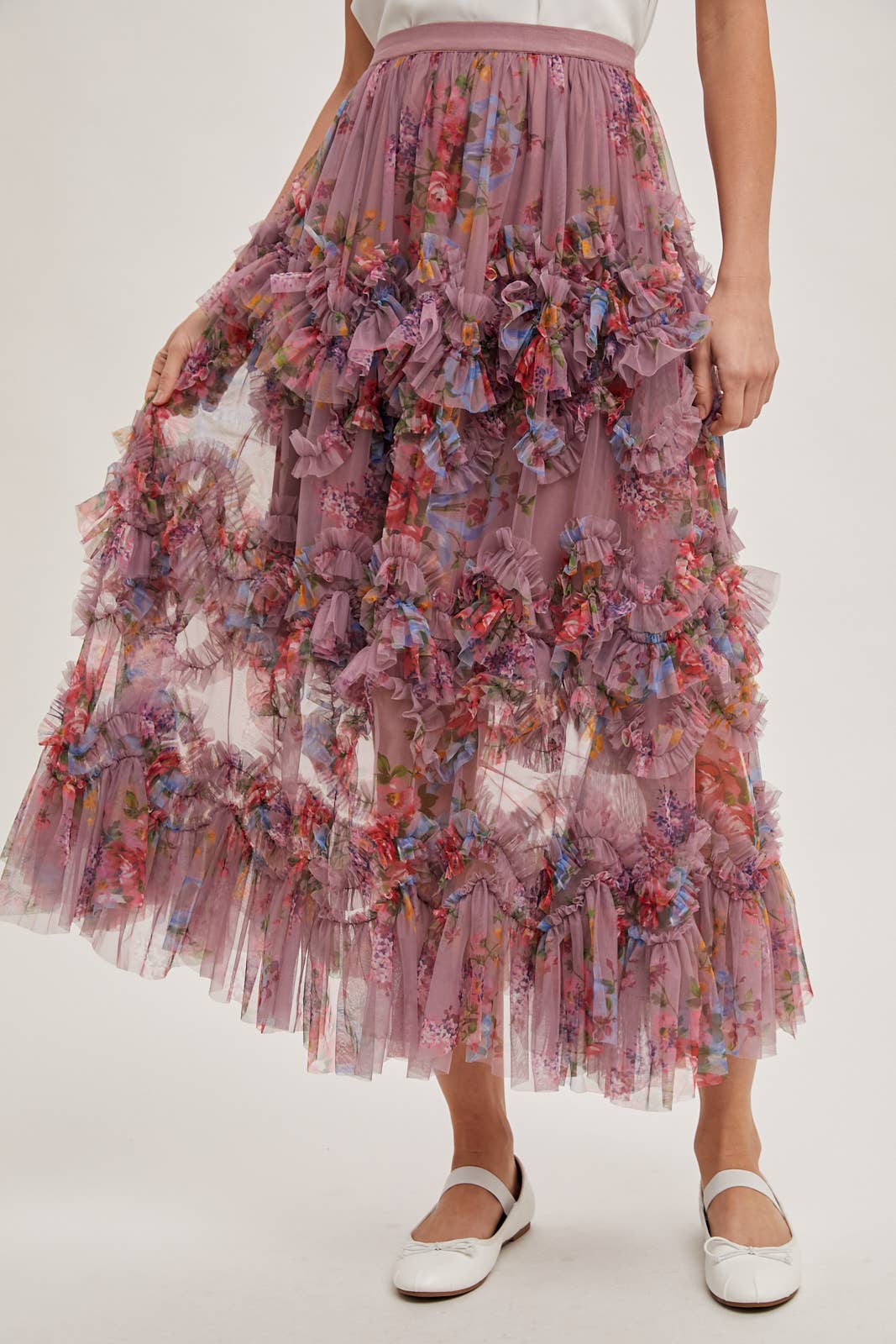 Bluivy - FLORAL RUFFLED MESH MIDI SKIRT