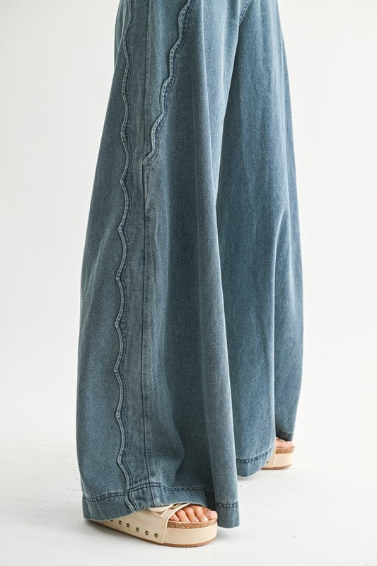 Scalloped seam detail on wide leg denim jeans – relaxed boho coastal cowgirl style