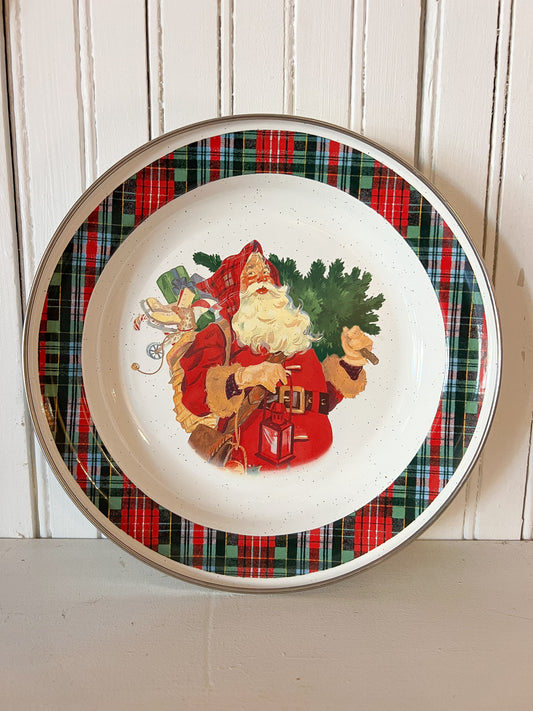 vintage tin plate with Santa Claus and plaid border design, red and green tartan Christmas tin plate