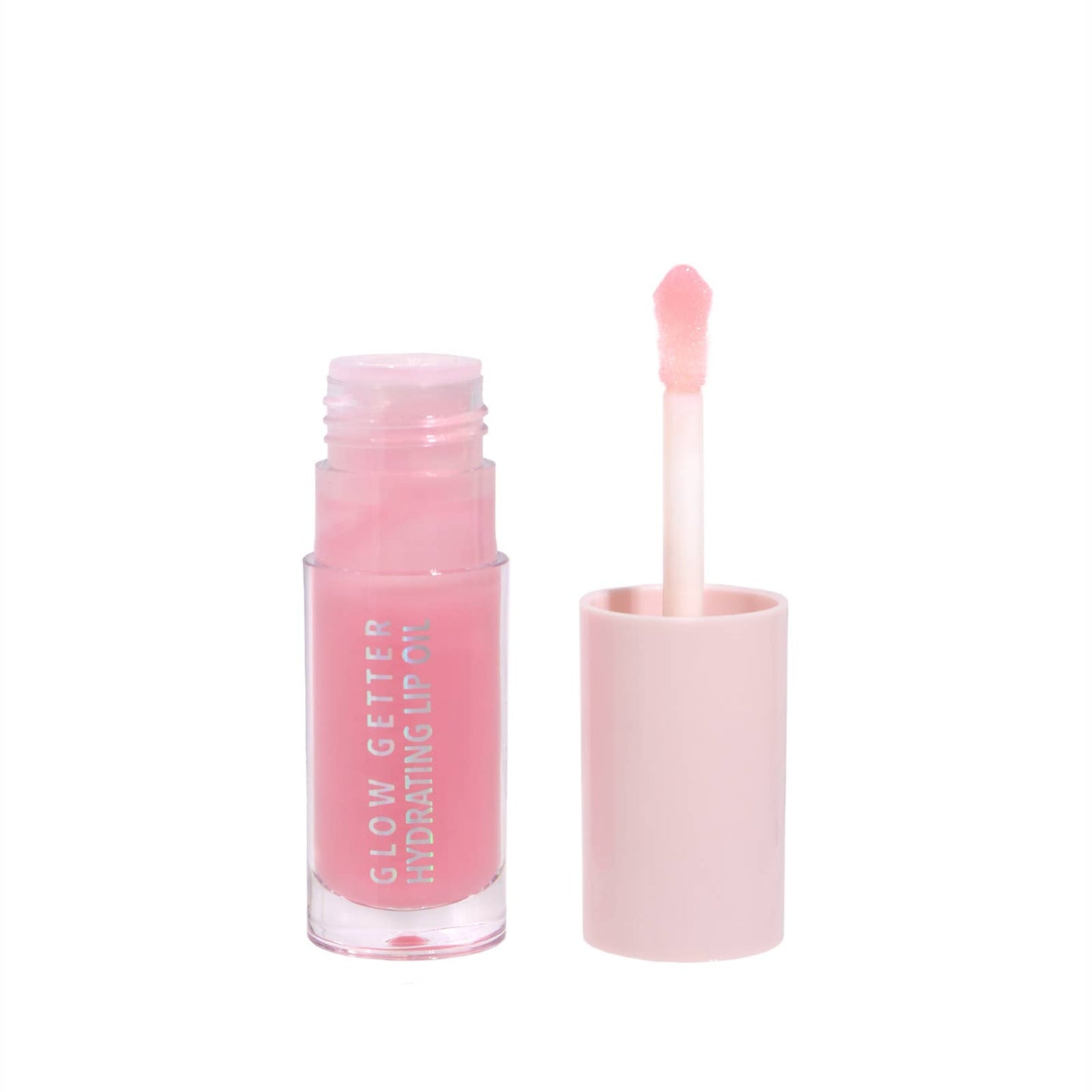 Pink lip gloss with applicator on a white background