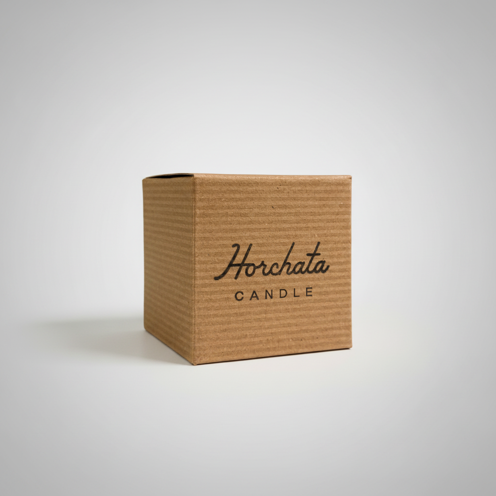 Brown cardboard box with 'Horchata Candle' text on a light gray background