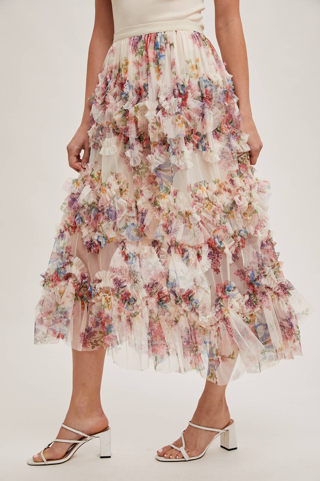 Bluivy - FLORAL RUFFLED MESH MIDI SKIRT
