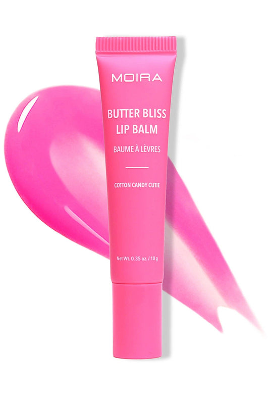 MOIRA Butter Bliss Lip Balm in Cotton Candy Cutie with glossy bright pink finish and hydrating vegan formula in squeeze tube packaging.
