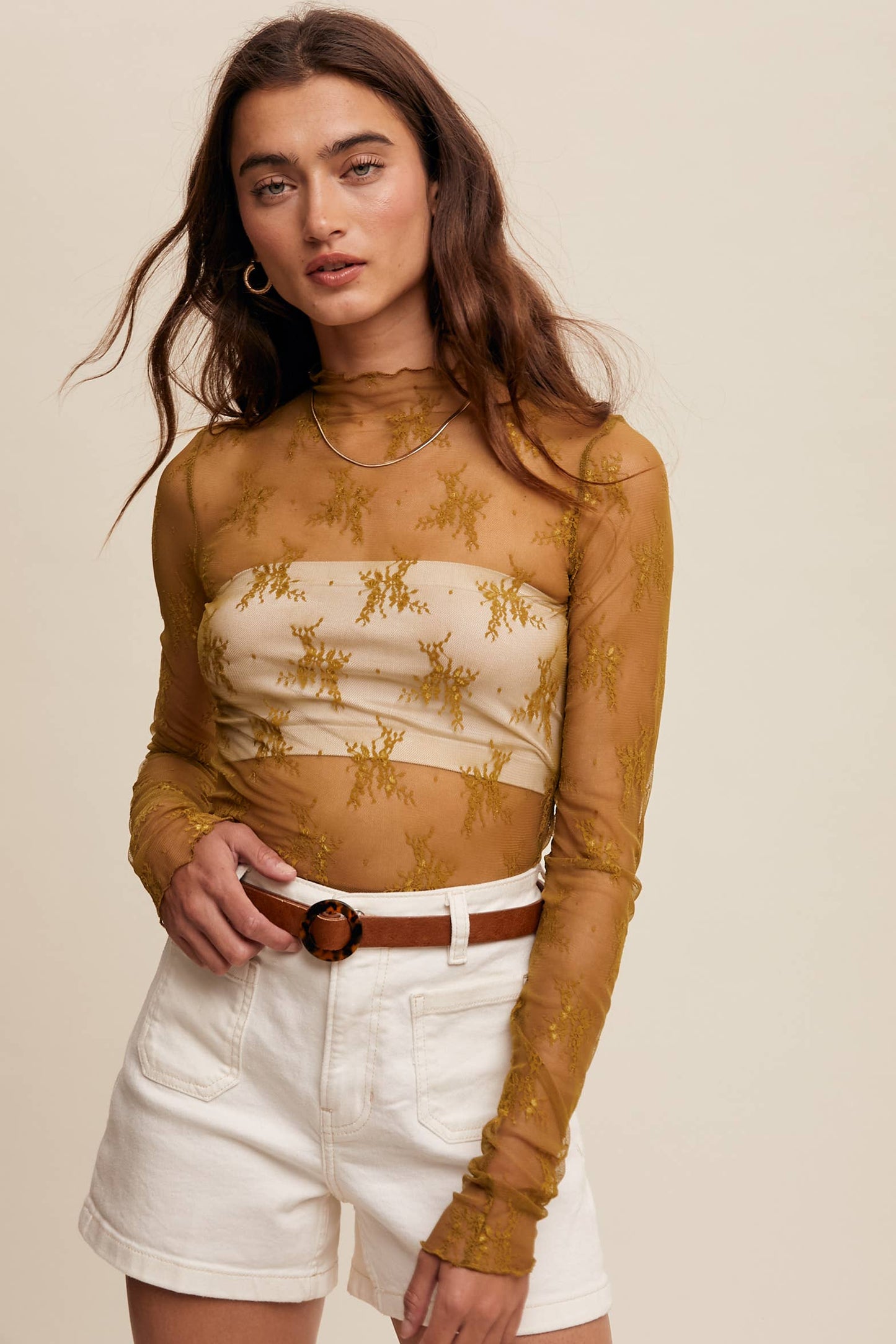 Listicle - Sheer Lace Long-Sleeve Top