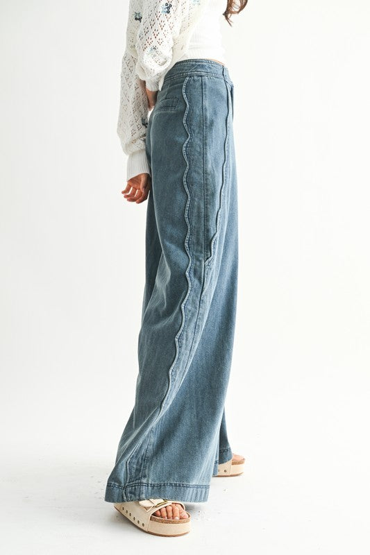 High-rise wide leg denim jeans with scalloped side seam detail – Seaside Scallop Wide Leg Denim from The Rollin J Boutique