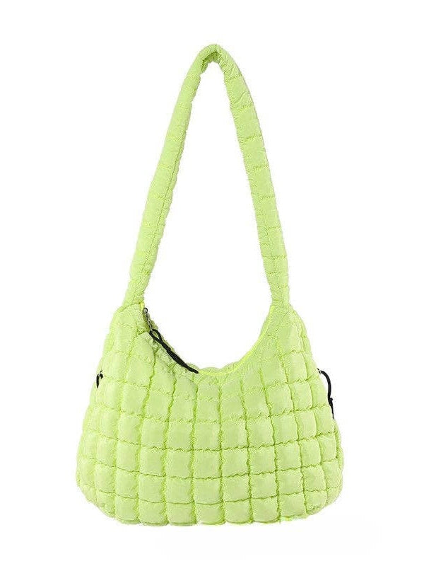 key lime green quilted puffer shoulder bag with zipper pockets and wide strap