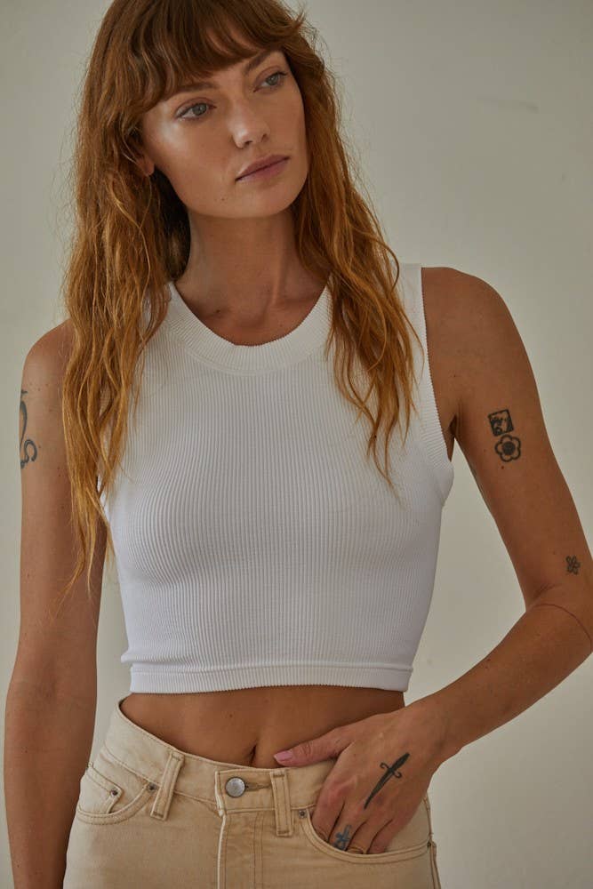 White ribbed sleeveless cropped tank top for women with high neckline
