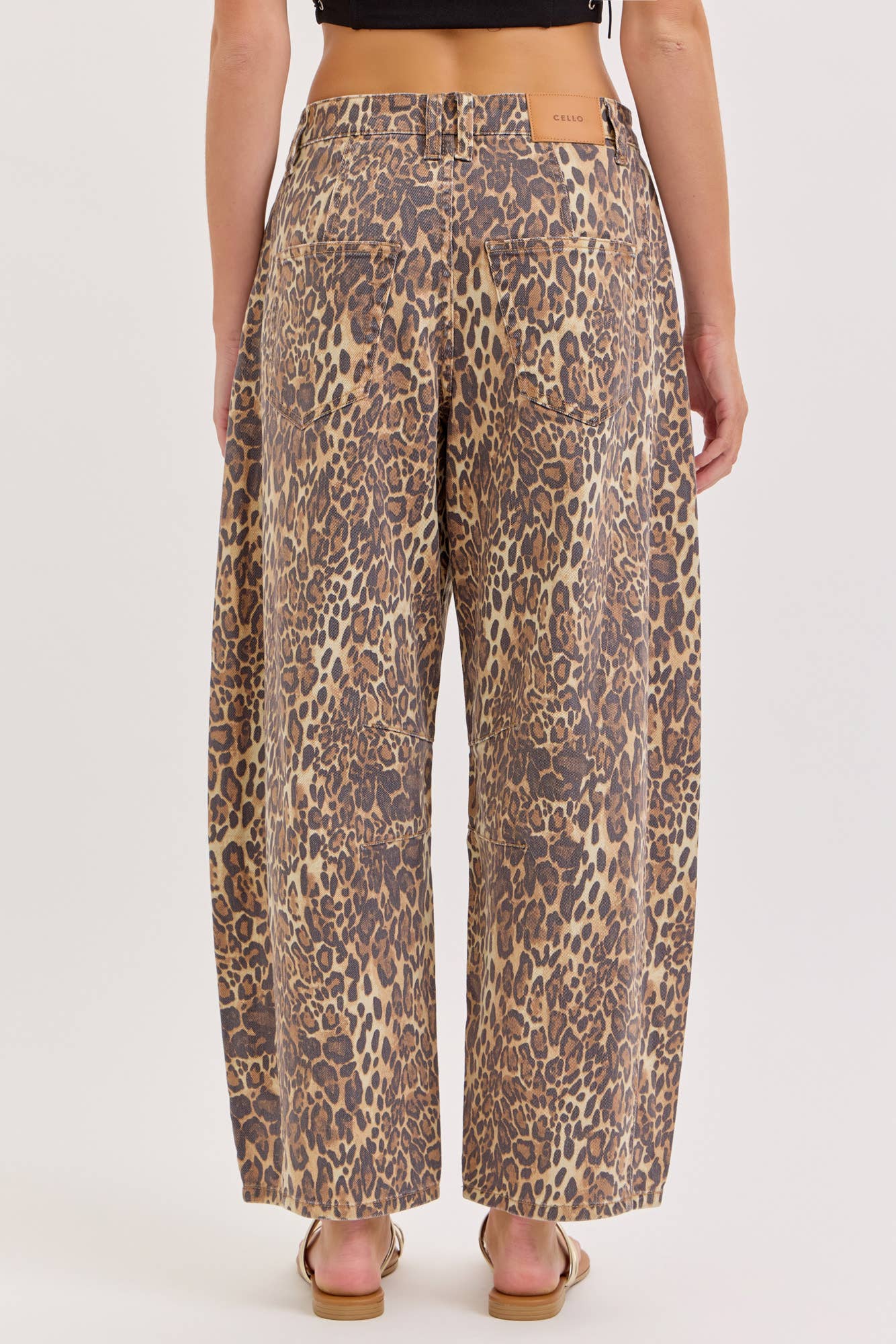 Back view of Everyday Leopard Barrel Jean with high-rise waist