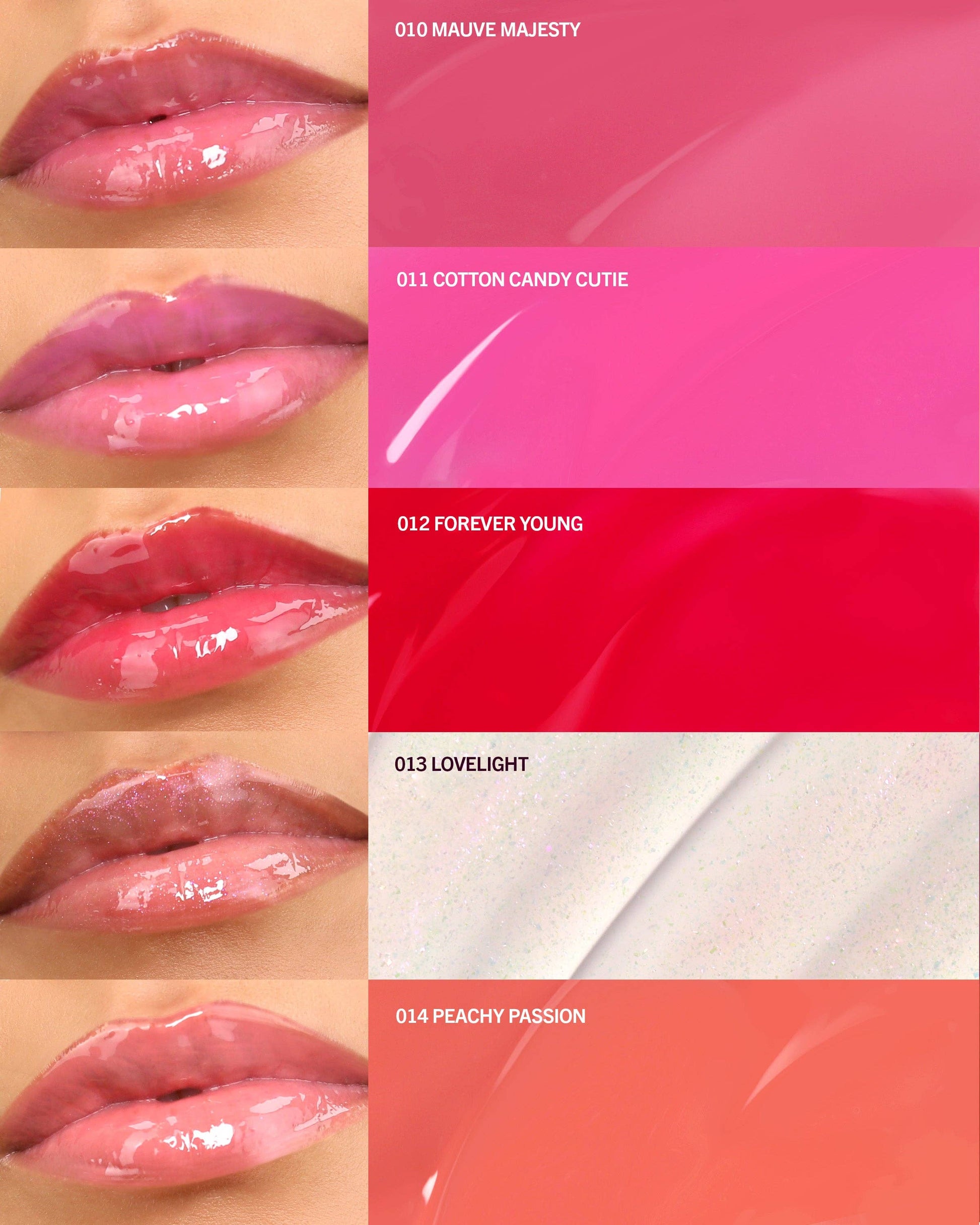Lip color swatches with corresponding shades on a pink background