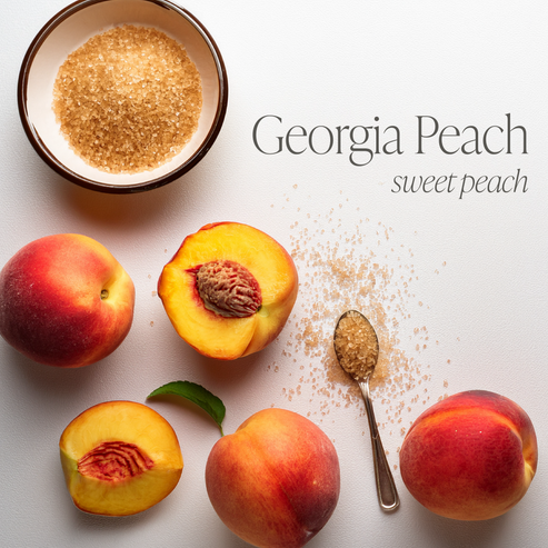 Georgia Peach candle scent inspiration with fresh peaches, sugar, and sweet peach fragrance notes.
