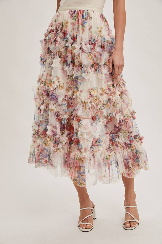 Bluivy - FLORAL RUFFLED MESH MIDI SKIRT