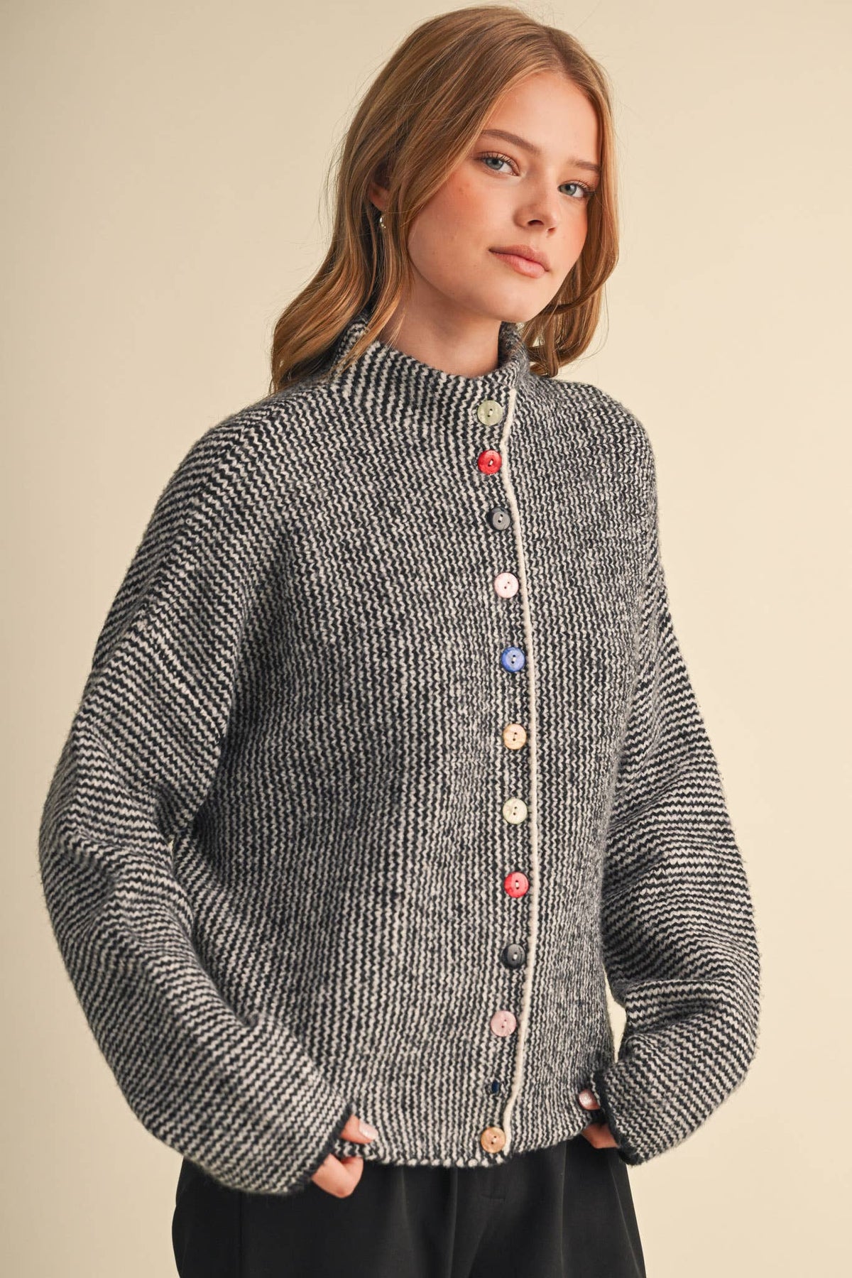 &MERCI - STRIPED SWEATER CARDIGAN WITH COLORFUL BUTTONS MSW11250