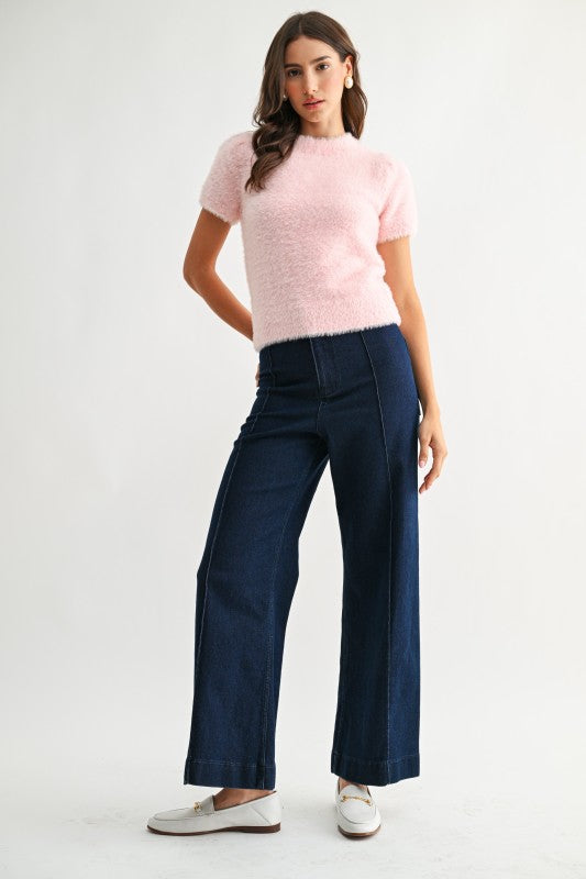 Blush fuzzy knit short sleeve sweater full body fit