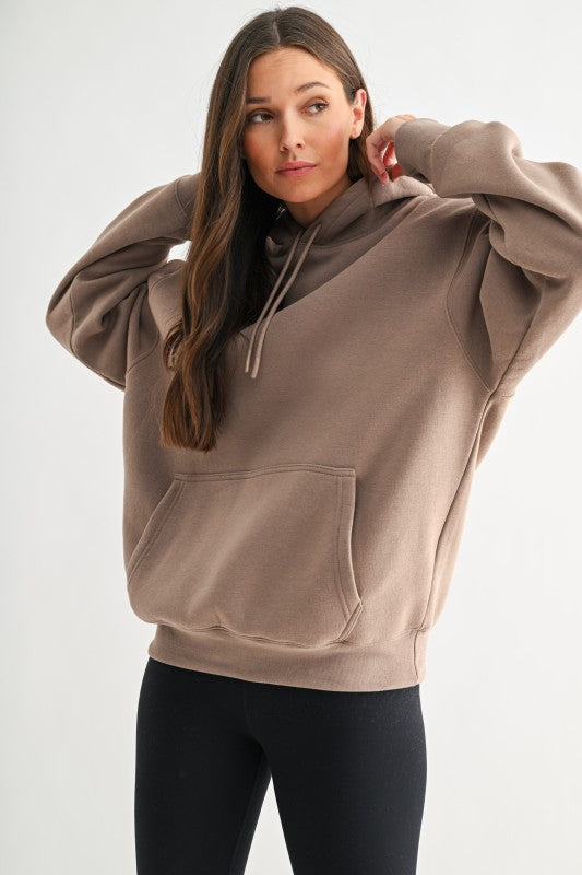 Oversized fleece hoodie in Driftwood Taupe with relaxed fit