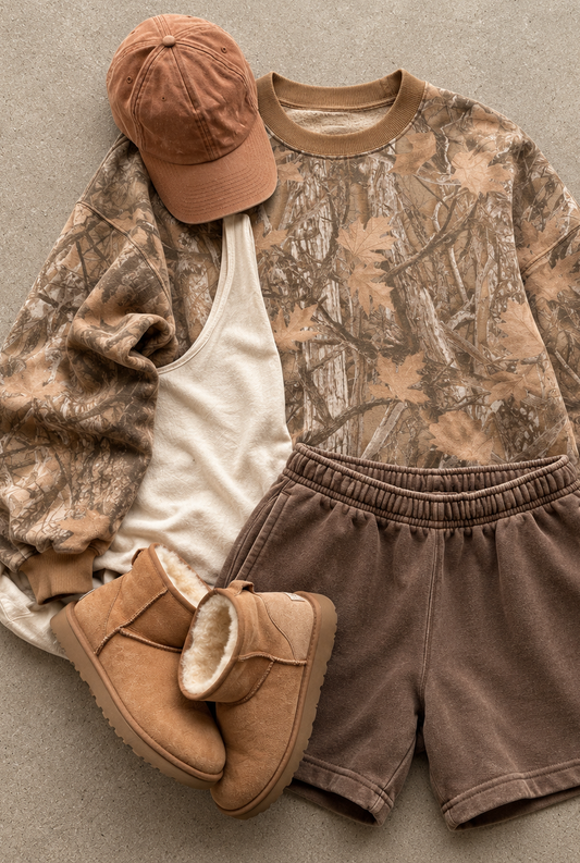 A styled flat-lay outfit on a textured gray background featuring a brown and beige camouflage sweatshirt, brown shorts, a white tank top, a brown baseball cap, and tan suede boots with faux-fur lining.
