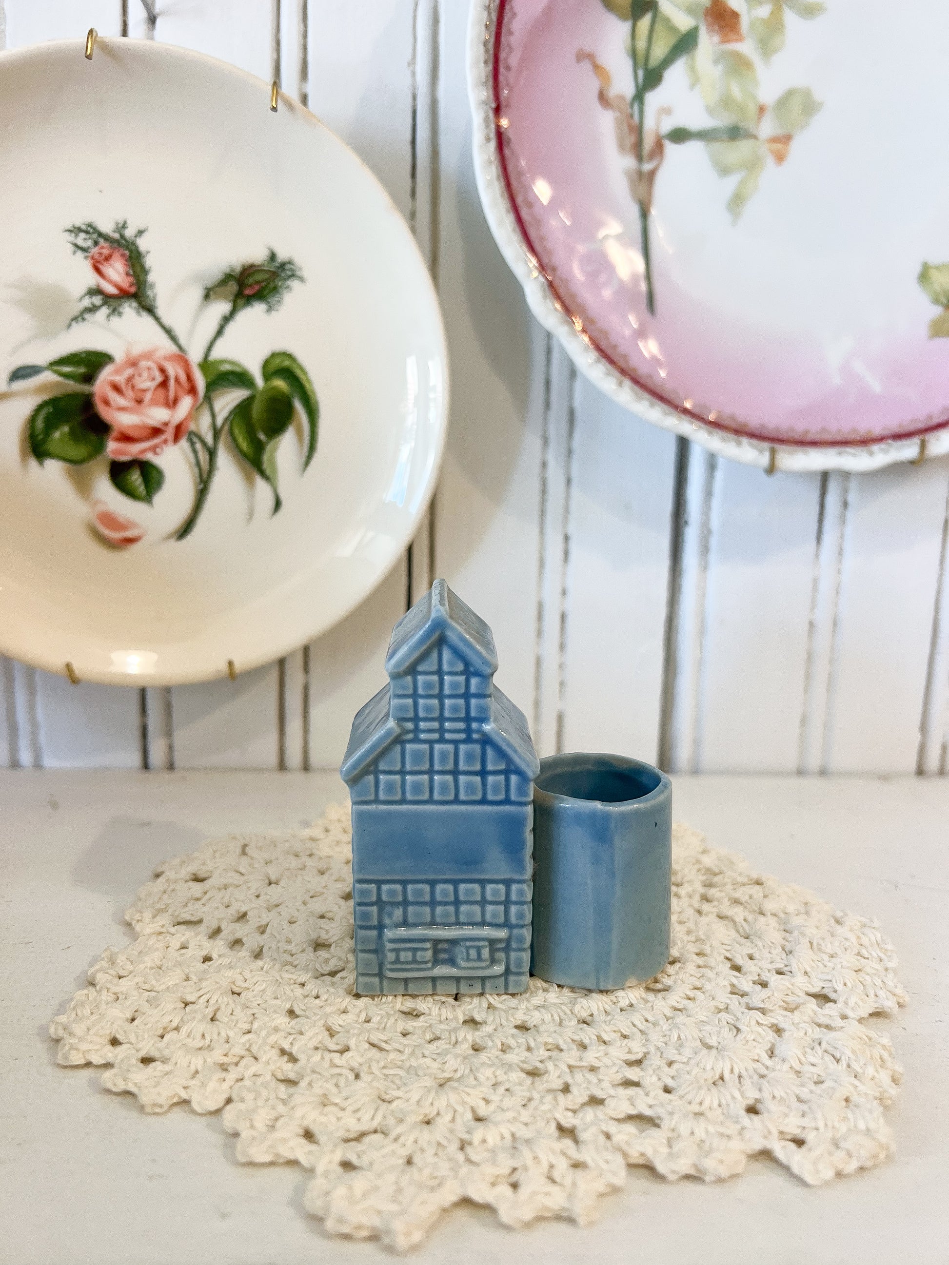 Vintage blue ceramic cottage toothpick holder 2.5 inch miniature house decor styled for FOUND & Co.