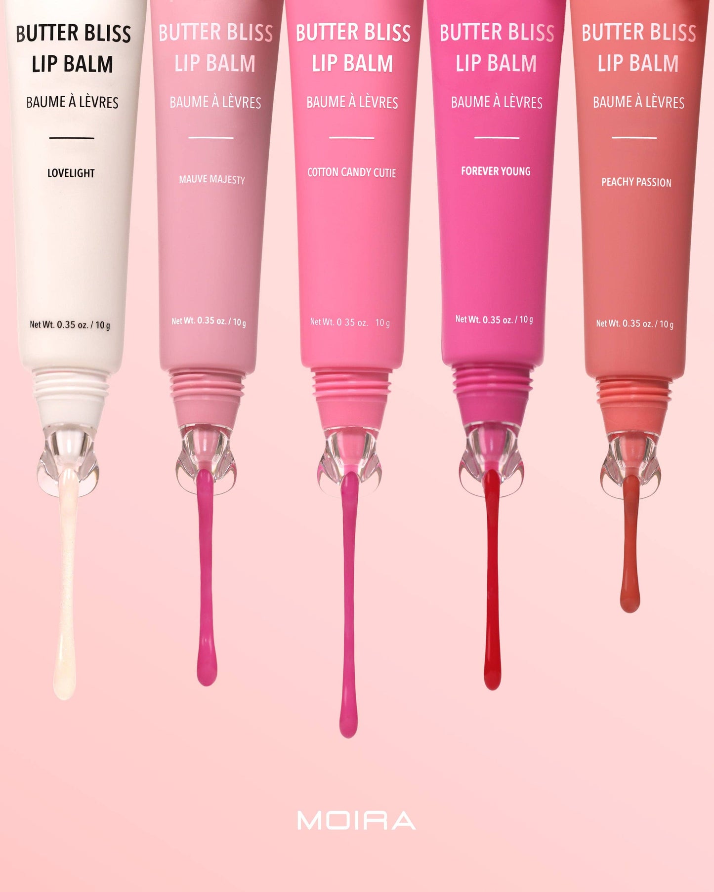 Five tubes of Butter Bliss lip balm with visible colors and Moira branding on a pink background.