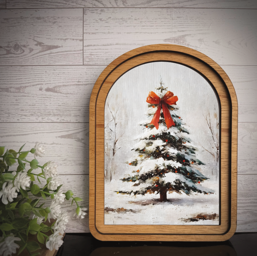 Maci Loo Makings - Arch Frame Art Christmas Tree Bow | Winter Wood & Canvas