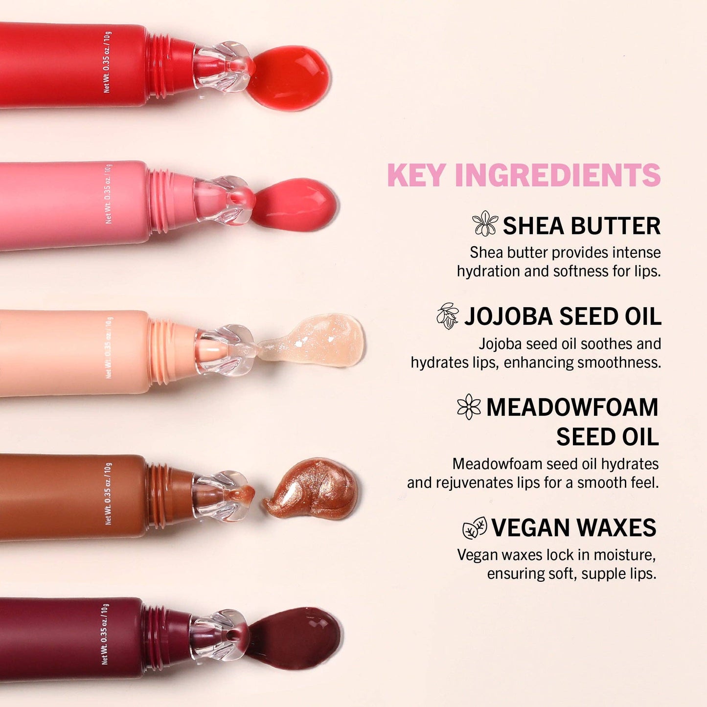 Lip balm applicators with key ingredients listed on a light pink background