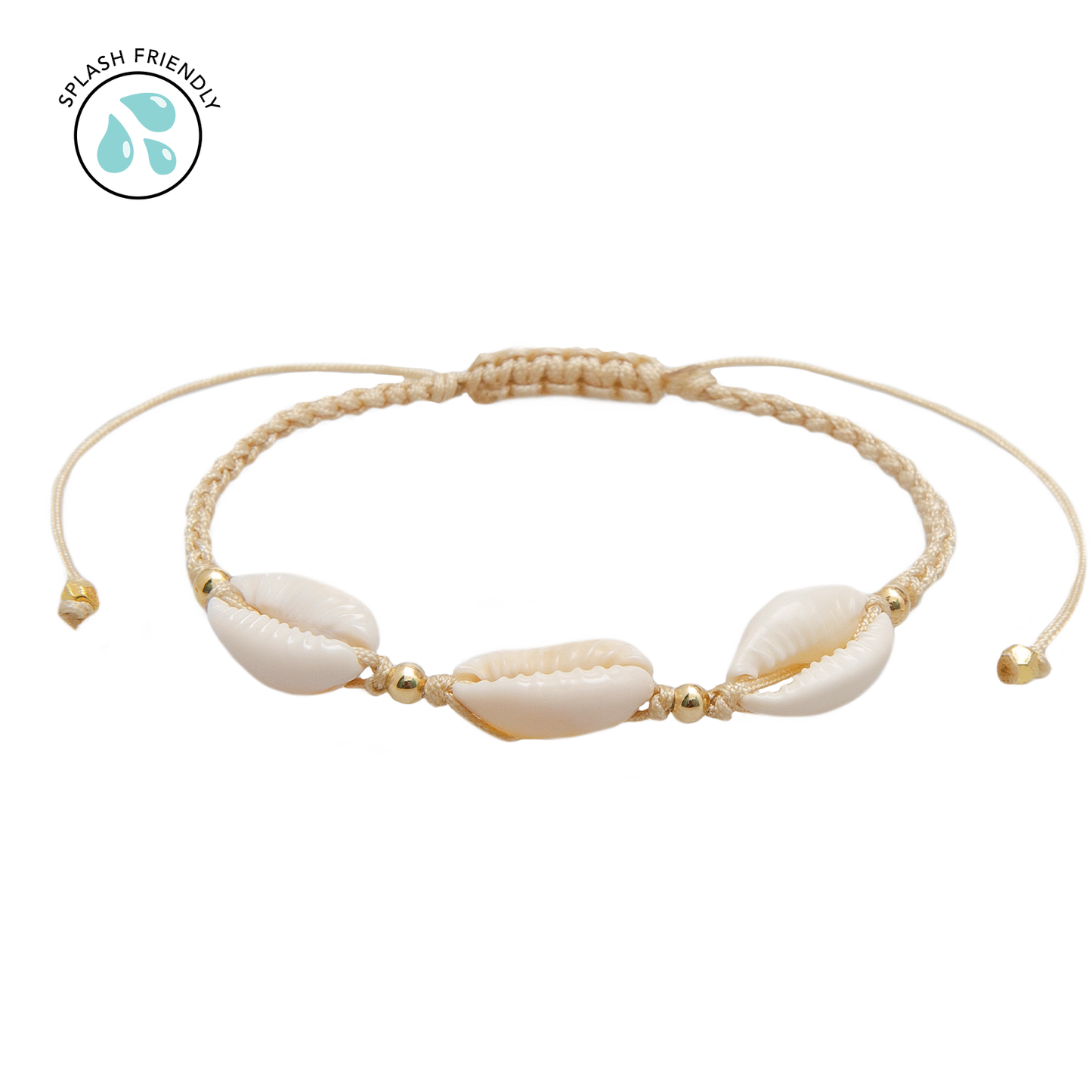 Handcrafted shell bracelet featuring natural white shells, gold accent beads, and an adjustable braided cord in a neutral sand color.